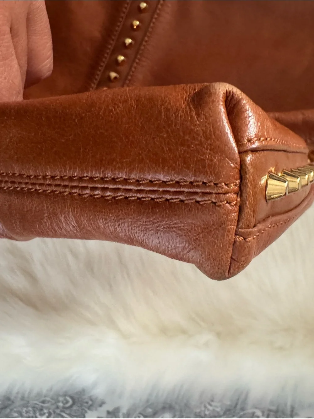 Badgley Mischka Chestnut Brown Leather Studded Tote Without Strap